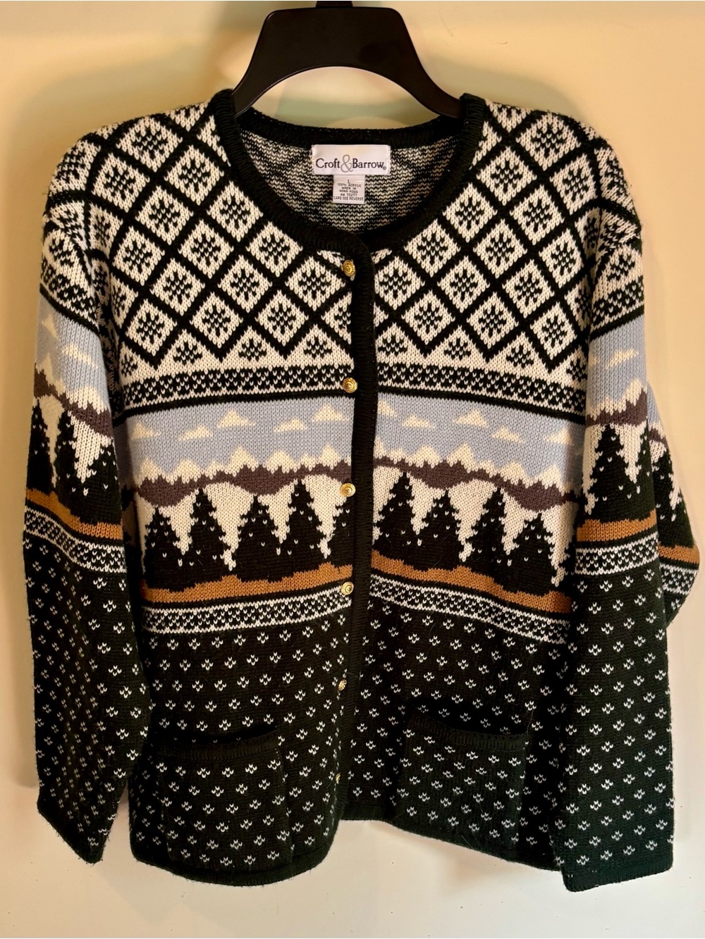 VTG Croft & Barrow Winter Landscape Cabincore Nordic Style Cardigan Sweater Sz L